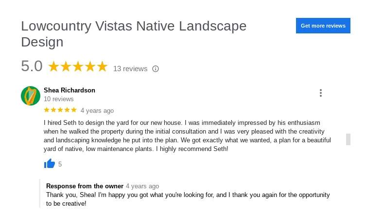 This is the customer's review of a landscape design and landscape installation project that Lowcountry Vistas Native Landscape Design completed in northern Mt. Pleasant 29429.
