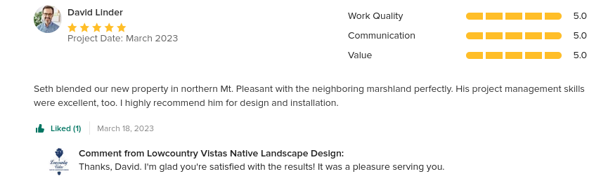 This is the customer's review of a landscape design and landscape installation project that Lowcountry Vistas Native Landscape Design completed in northern Mt. Pleasant 29429.