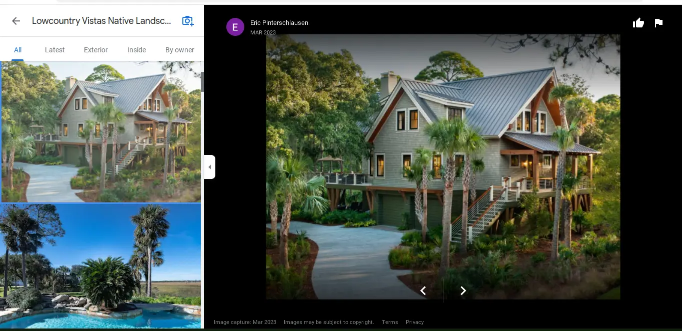 This is a screenshot of the homeowner's photo of Lowcountry Vistas Native Landscape Design's landscape design and installation project on Kiawah Island, SC 29455.