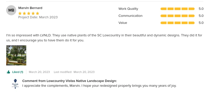 This is a positive review of Lowcountry Vistas Native Landscape Design's landscape design and installation project on Isle of Palms, SC 29451.